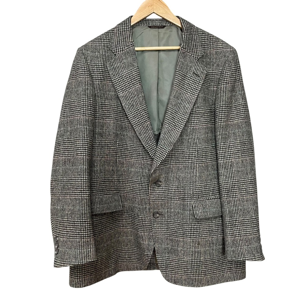 Vintage Norm Thompson Sports Coat Gray Plaid Tweed Wool Men‎ Retro Blazer Jacket